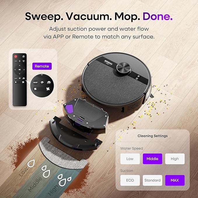 MONSGA Robot Vacuum and Mop Combo 7000Pa Robotic Vacuum with Lidar Navigation 180mins Runtime Tangle-Free Robot Mop 5 Editable Maps APP/Remote/Voice Control Ideal for Hard Floors and Carpets