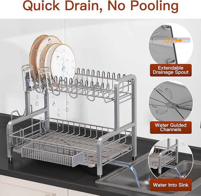 2 Tier Dish Drainers Drying Rack for Kitchen Counter Large Stainless Steel Dishes Drain with Drainboard Space Saving Big Modern Silver Countertop Metal Plates Dryer Strainer Holder and Extra Tray