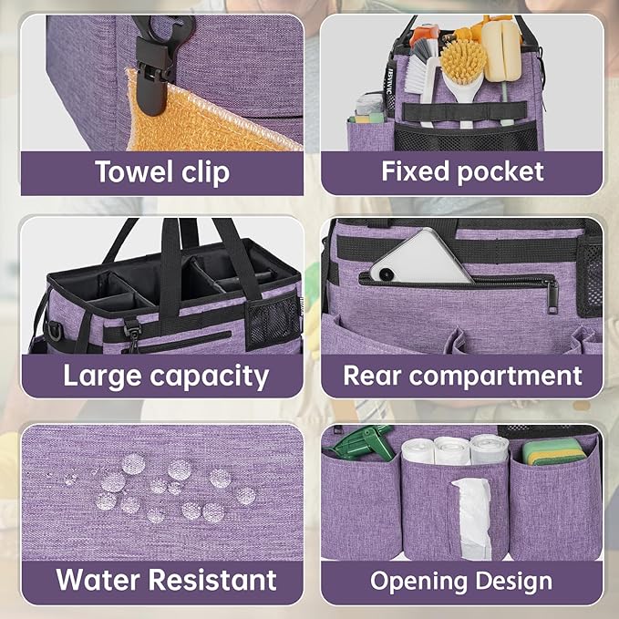 Wearable Cleaning Caddy Bag for Cleaning SuppliesLarge Capacity Cleaning Organizer Purple