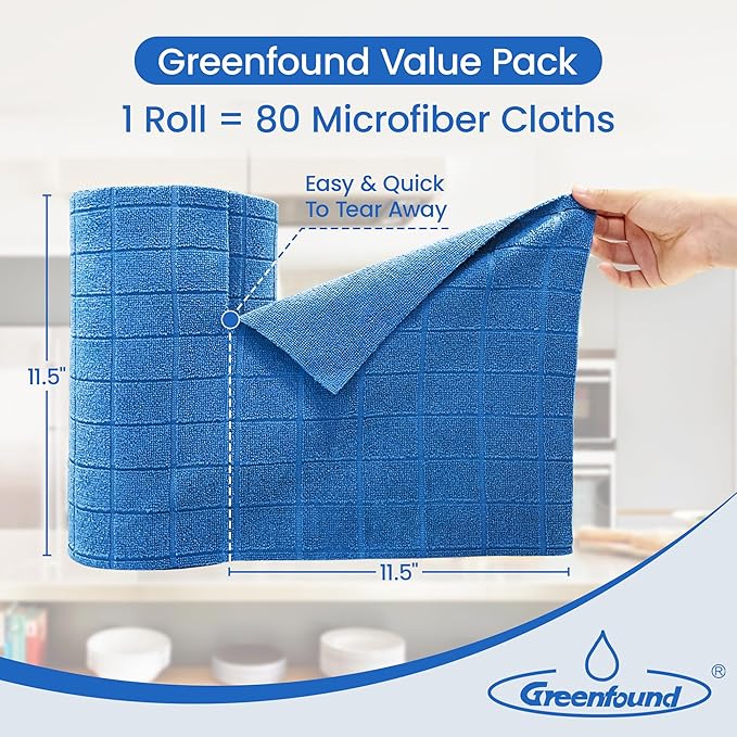 Greenfound Microfiber Cleaning Cloth Roll -80 PackTear Away Towels for CarReusable Paper Towels WashableSuper AbsorbentLint Free Cleaning Rags for HouseKitchenWindow-11.5×11.5(Check Blue)