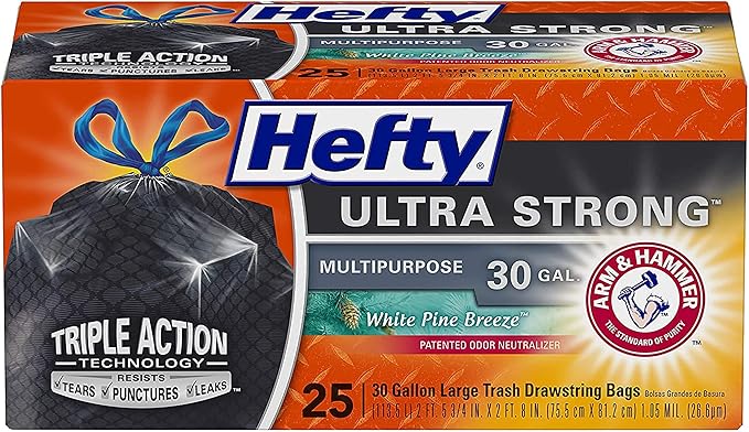 Hefty Ultra Strong Multipurpose Trash Bags Black Large Flexible Bags with Drawstring White Pine Breeze Scent 30 Gallon Bags 25 CT Bags Per Pack (Pack of 3)