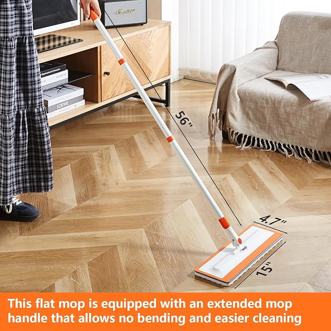 Magic Sponge Eraser Mop 56 Handle with Flexible 15 Flat Head2 Microfiber Pad and 3 Magic Sponge Eraser Pads (Mop Set15 Mop-Head)