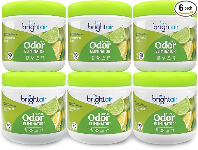 Bright Air 14 oz. Super Odor Eliminator For Medium-Size Spaces Zesty Lemon &amp Lime Scent Case of 6 Air Freshener Natural Essential Oils Lasts Up to 90 Days Each