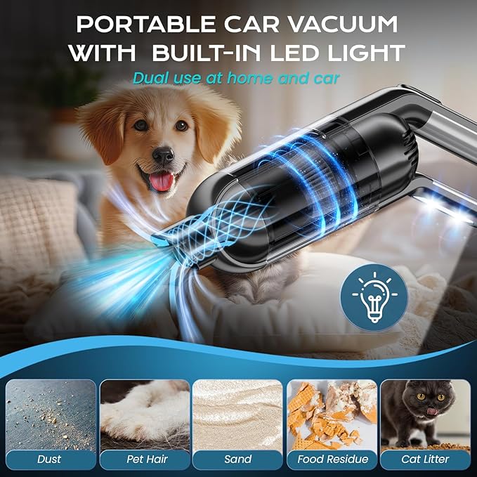 Handheld Vacuum Cordless Portable Car Vacuum with LED LightRechargeable Small Vacuum Cleaner with Powerful SuctionLightweight Vacuum Cleaner for Car Home Office Pet HairBlack