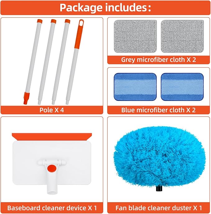 Baseboard Cleaner Tool with Handle Extendable Long Handle Baseboard Cleaning Duster with Reusable Pads for Floorboard Ceiling Fan Blade Cleaner Duster (Blue)