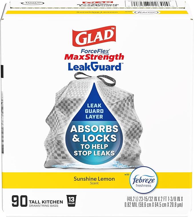 Glad ForceFlex MaxStrength LeakGuard Trash Bags 13 Gal Sunshine Lemon Scent 90 Ct (Pack May Vary)