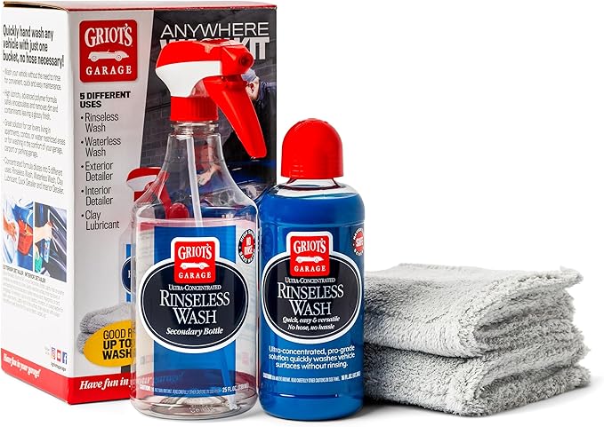 Griot's Garage Anywhere Wash Kit Vehicle Cleaning Supplies Includes Rinseless Wash 16 Oz Secondary Bottle 25 Oz Microfiber Plush Edgeless Wash Cloths Set of 2