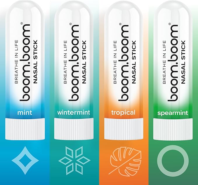 BoomBoom Nasal Stick | Vapor Flow Technology | Cool Refreshing Sensation | Natural Mood Boost | Simple Ingredients | Essential Oils + Menthol Inhaler (Mint Wintermint Tropical Spearmint)