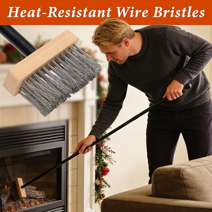 Fireplace Brush 43.3-Inch Heavy Duty Long Handle Metal Fireplace Brush Broom with Heat-Resistant Iron Bristles