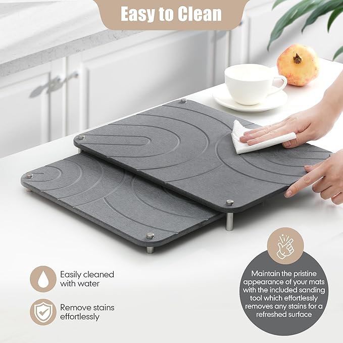 CZWL&ampHG 2 PCs Stone Dish Drying Mats for Kitchen Counter-Diatomaceous Dish Drying Mats Superb Absorbent with Non-Slip Stainless Steel FeetHeat Resistant15.7(L)×11.8(W)