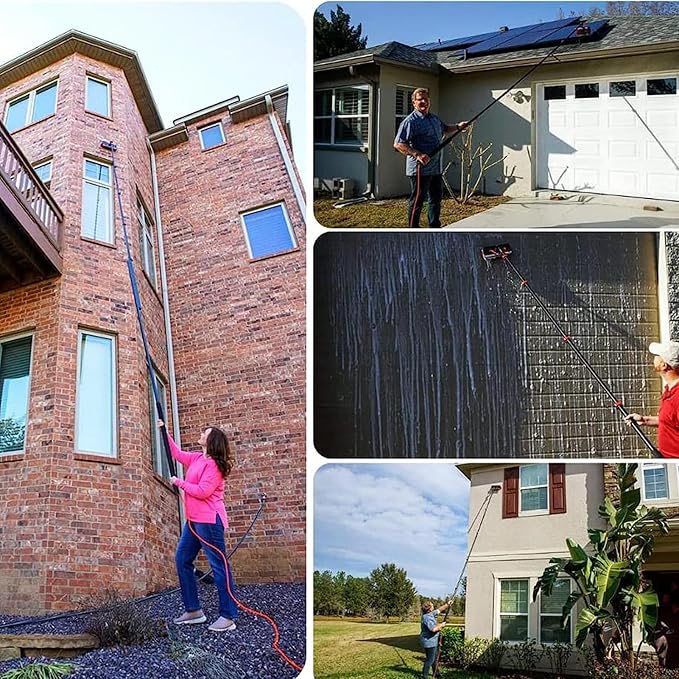 Solar Panel Cleaning Pole Kit 36ft Telescopic Brush with 20m Water Supply Hose for Upstairs Windows Cars and Roof