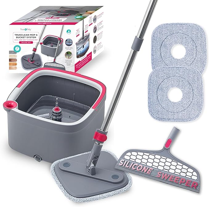 True &amp Tidy True Clean Spin Mop &amp Bucket System – Dual Compartment Design for Clean &amp Dirty Water 360° Swivel Mop Head Built-in Scrubbing Brush Stainless Steel Handle &amp 2 Reusable M