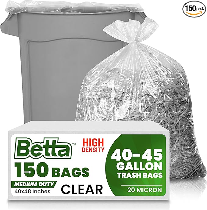 Betta 40-45 Gallon Clear High-Density Trash Bags 150 Count Box (40x48-inch) Commercial Medium-Duty Garbage Can Liners