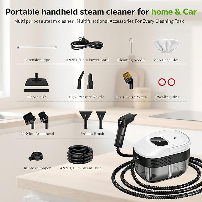 Pressurized Handheld Steam Cleaner 2500W 54oz Large-Capacity Steamer with 3-Level Adjustable Steam 15s Heat-Up &amp 15Pcs Accessories – for Car Tile Grout Couch Floor Bed Dirt Furniture