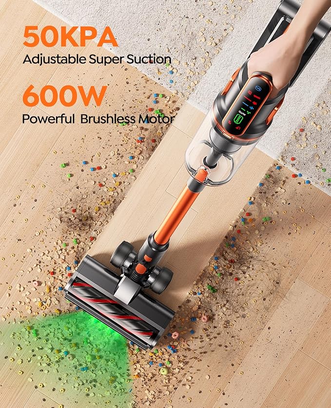 Fieety Cordless Vacuum Cleaner 600W/50KPa/65Min Runtime Stick Vacuum with 3.3Ft Hose Wall Mount Charging Auto Mode Touchscreen Self-Standing Vacuum Cleaner for Home/Pet Hair/Carpet/Car Fragrance