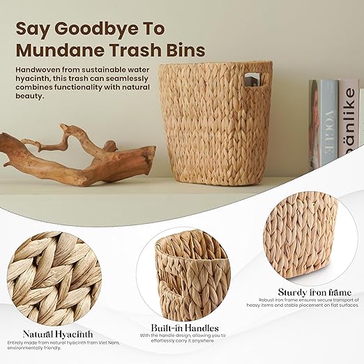 4 Gallons Wicker Waste Basket for Bathroom - Water Hyacinth Wicker Trash Can – Kitchen Bathroom Garbage Can Oval Magazine Basket - Desk Trash Can Office Garbage Can with Open Top Handles