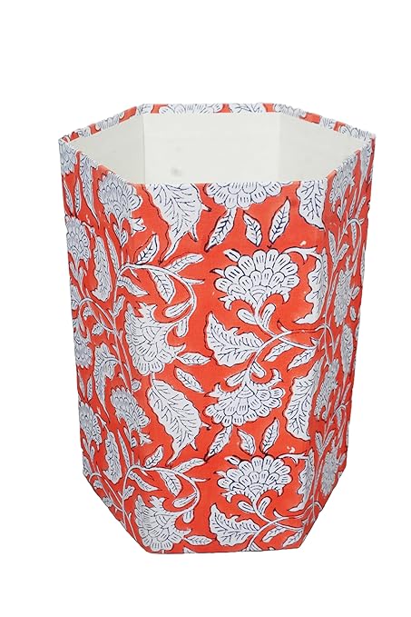 Handmade Cotton Paper Waste Basket Stylish Trash Can for Home or Office (1 ORE-NGE White FLOWAR)