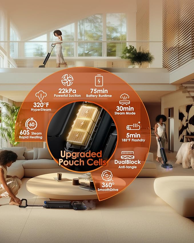 Tineco Floor One S9 Artist Steam Wet Dry Vacuum Cleaner High-Temp Steam Cleaning 22kPa Suction 360° SmoothDrive Anti-Tangle Design 185°F Flashdry Long Runtime 180° Lay-Flat