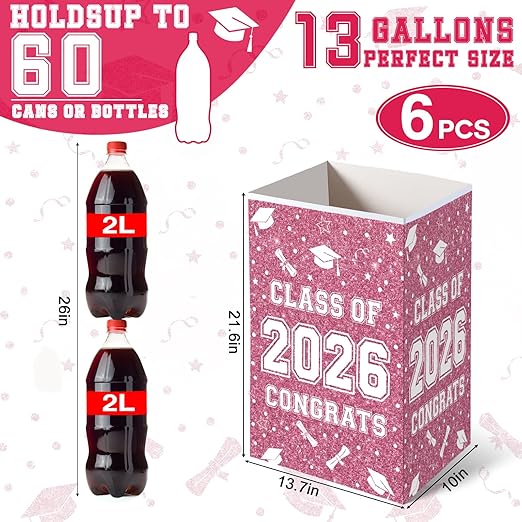 Tinlade 6 Pack 2026 Pink White Graduation Decoration 13 Gallon Disposable Trash Cans Class of 2026 Party Garbage Bins Large Waterproof Foldable Recycle Pop up Bins for Graduation Party School