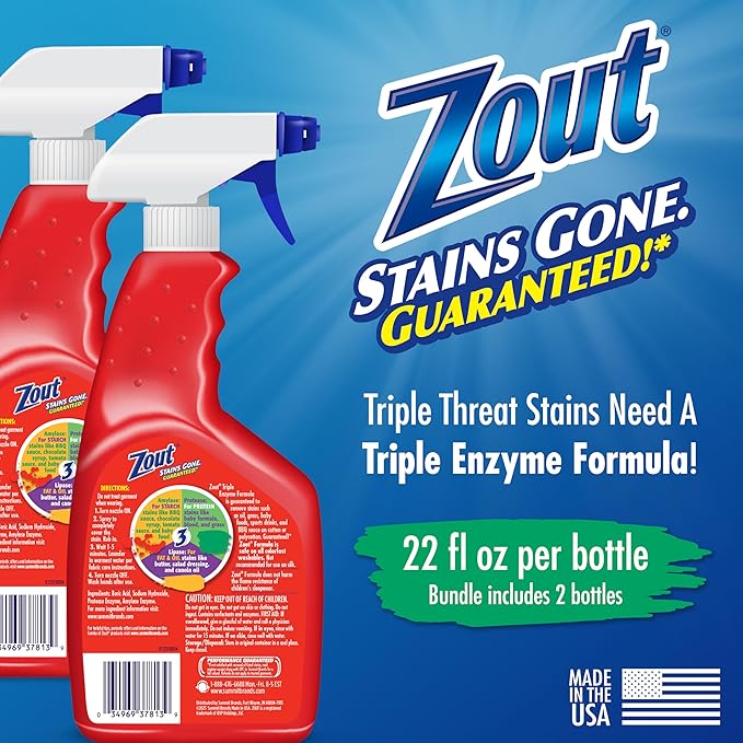 Zout Laundry Stain Remover SprayTriple Enzyme Formula Removes the Toughest StainsMade in the USA22 Ounce Bottles(Pack of 4)
