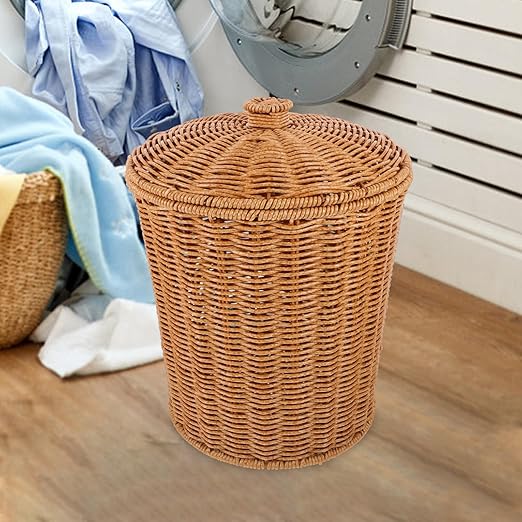 ABOOFAN Wicker Trash Can with Lid Bedroom Bathroom Trash Can Boho Woven Wicker Waste Basket Office Garbage Cans Rattan Storage Basket for Under Desk Dirty Clothes Container Flower Arrangement