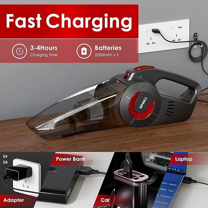whall Handheld Cordless Car Vacuums Wet and Dry Use 9000Pa Strong Suction Vacuums Rechargeable Portable Vacuum Cleaner with LED Charging Dock Lightweight Mini Vacuum for Car Home and Office Red