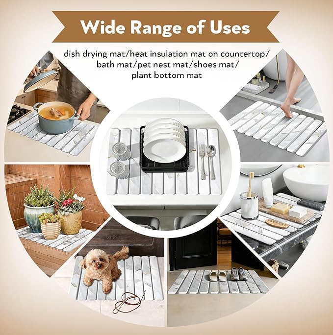 Diatomaceous Earth Dish Drying Mat Foldable Quick Dry Stone Drying Mats for Kitchen Counter Countertop Water Absorbent Stone Bath Mat for Bathroom with Towels Non Slip Pad 24×16