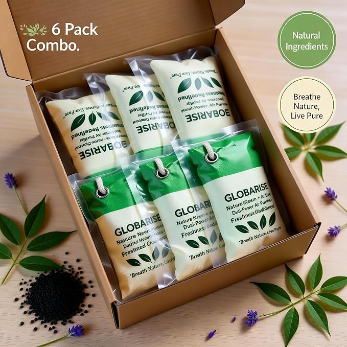 GlobaRise™ Dual Power Charcoal + Neem Odor Absorber Bags Natural Air Purifier Bags for Home Car Shoes &amp Pets | Activated Charcoal Deodorizer Eliminator | Eco-Friendly &amp Reusable | 100g Pack