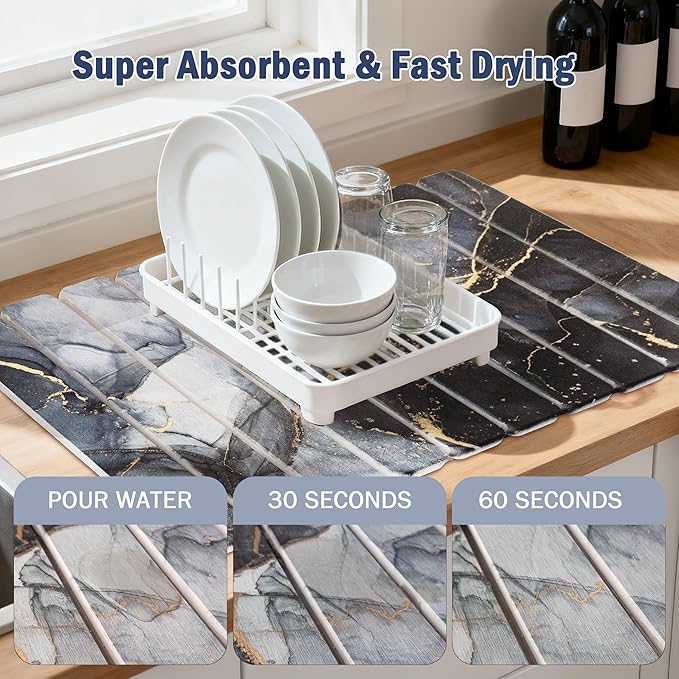 Large Stone Drying Mat for Kitchen Counter 24×16 Black Marble Quick Dish Drying Mat with Sanding Pads Non-Slip Roll Up Absorbent Diatomaceous Earth Mat for Dishes Bottles Cups