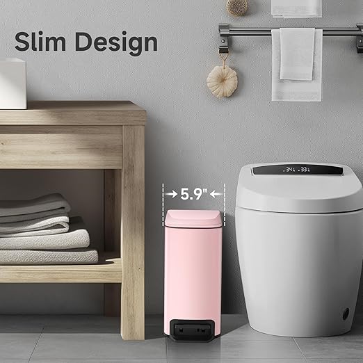 TIPGO Slim Bathroom Trash Can with Lid Soft Close 6 Liter / 1.6 Gallon Stainless Steel Garbage with Removable Inner Bucket Small Trash Bins for Bedroom Office (Pink)