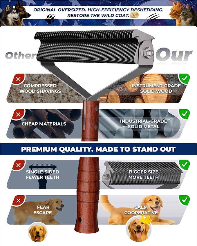 Extra Large 2-Sided Dog Brush For Shedding Undercoat Rake for Dogs &amp Cats &amp Horses Remove Mats Dematting CombGentle Grooming Brush for German Shepherds Medium to Long-Haired Pets(Walnut Han