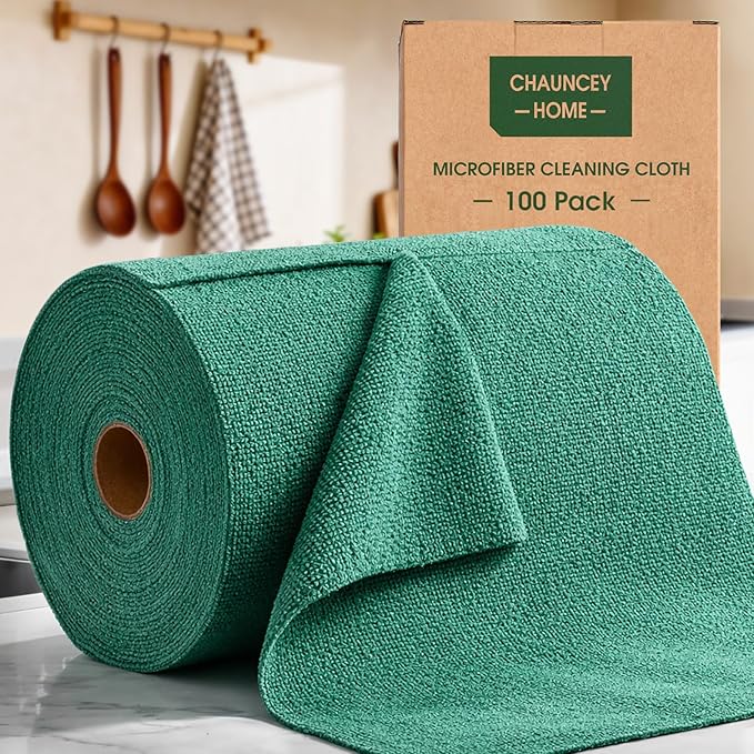 Microfiber Cleaning Cloth Roll–100 Pack Tear Away Microfiber Towels Reusable Washable Scratch-Free Kitchen Towels for Car Home Kitchen Glass Dishes (Malachite Green)