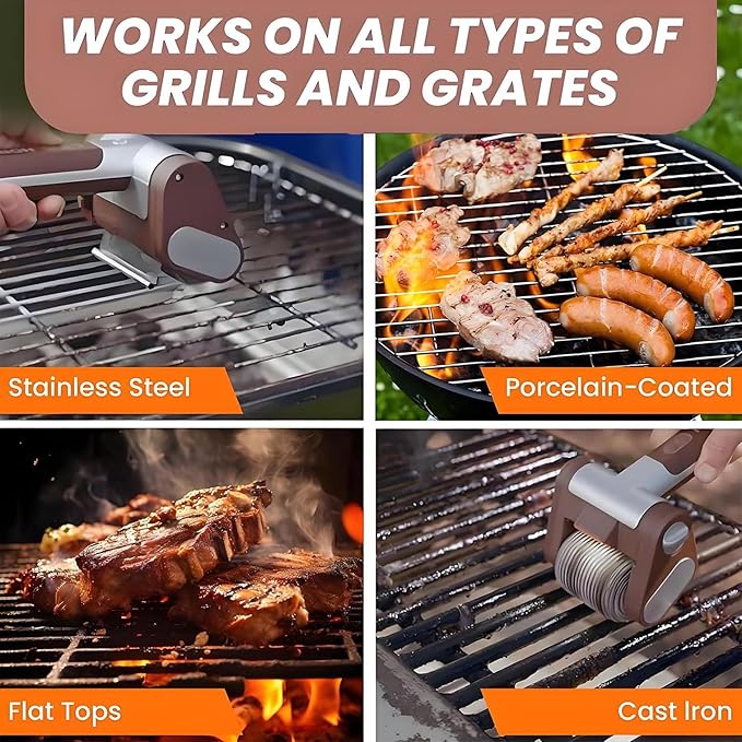 Electric Grill Cleaner Hair-Free Stainless Steel Roller 350 RPM High-Speed Motor Led Spotlight Design Cordless Outdoor Grill Cleaner
