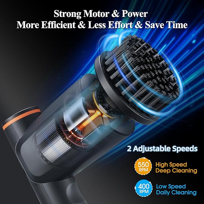 Electric Spin Scrubber Bathroom Shower Scrubber with LCD Display 2 Speeds Electric Scrubber for Cleaning with 6 Replaceable Heads 4-Hour Runtime‌ Cleaning Brush for Kitchen/Car Gray-Black