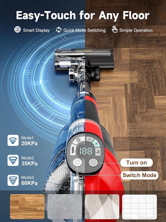 60KPa Cordless Vacuum Cleaner for Home 700W Pet Vacuum 70-Min Runtime Lightweight Rechargeable 8000mAh Dual Batteries 2L Dust Cup LED Display Anti-Tangle for Pet Hair Carpet &amp Hardwood Flo