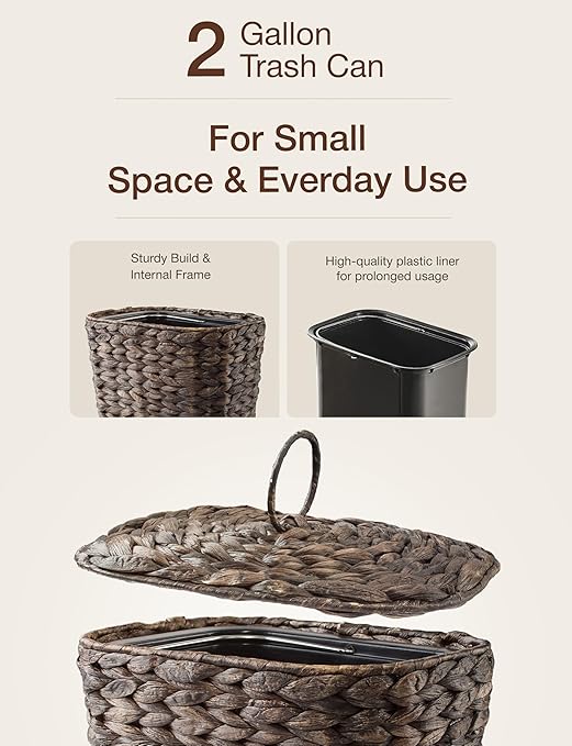 Wicker Waste Basket - Wicker Trash Can with Lid - Water Hyacinth Bathroom Garbage Can with a Lid - Bathroom Trash Can Boho Style - Removable Liner Iron Frame (Black 2 Gallons)