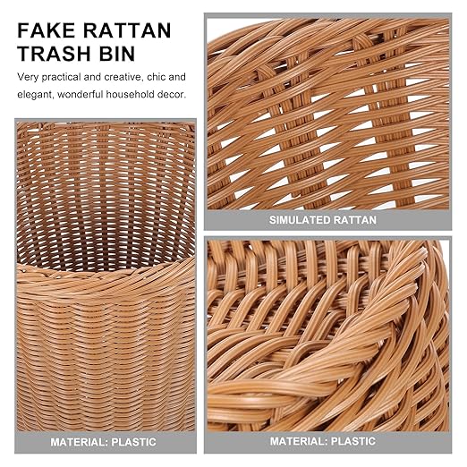 Cabilock Rust-Resistant Iron Wastebasket Imitated Rattan Woven Trash Can Brown and Work Rubbish Bin Without Lid for Living Room or Guest Room