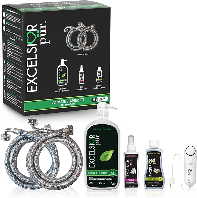 Excelsior Pür Ultimate Starter Kit 7.5X Concentrated Laundry Detergent (79 Loads) Enzyme Stain Remover Washer Cleaner Stainless Steel Washer Hoses Water Leak Detector Fresh Scent