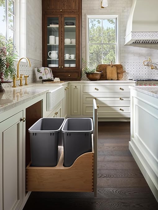 Rev-A-Shelf Pullout Trash Cans for Kitchen Cabinet Dual 50 Qt Bins with 18 Wood Frame - Large Garbage Bin Containers for Home Waste Storage and Recycling