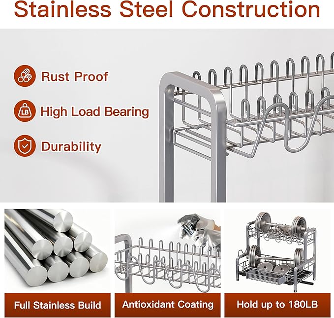 2 Tier Dish Drainers Drying Rack for Kitchen Counter Large Stainless Steel Dishes Drain with Drainboard Space Saving Big Modern Silver Countertop Metal Plates Dryer Strainer Holder and Extra Tray