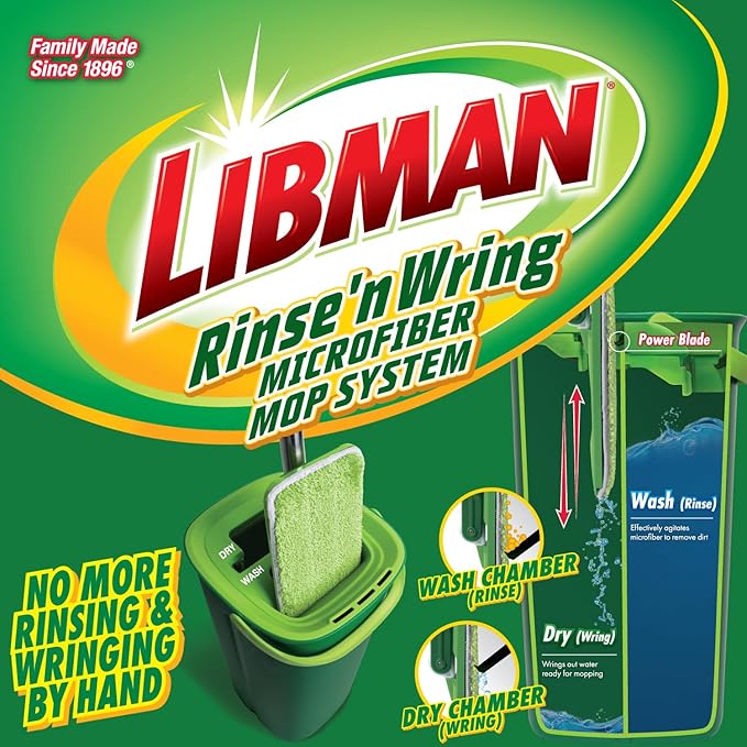 Libman Rinse 'n Wring Mop and Bucket System | Microfiber Floor Mop | Hardwood Floor Cleaner | Wet &amp Dry Mop | Clean &amp Dirty Water Chambers | Power Blades | 4 Total Microfiber Pads