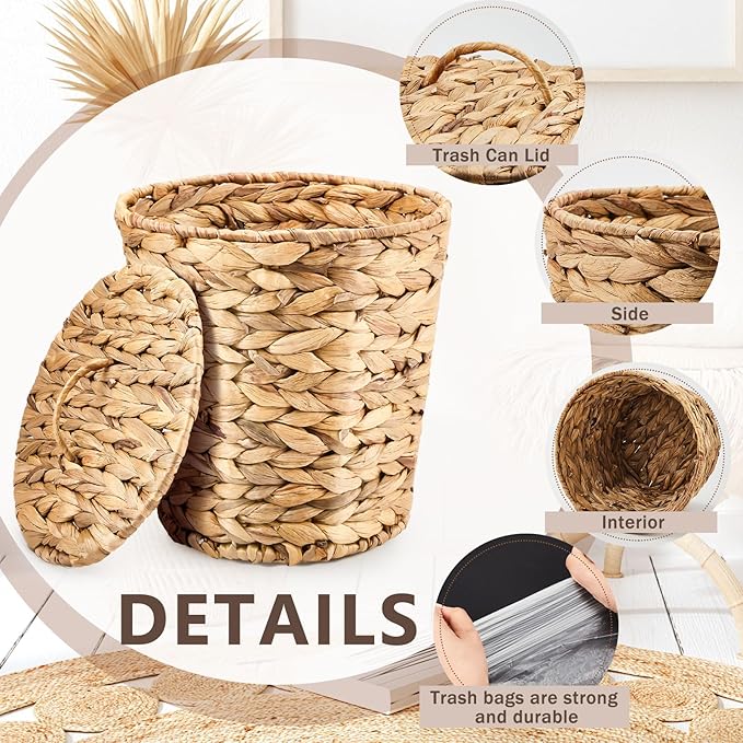 Ctosree 2 Pcs Wicker Trash Can Basket Woven Waste Basket with Lid Bathroom Wastebasket Garbage Bin with 100 Pieces of Trash Bags for Bedroom Farmhouse Home Office Kitchen(Medium)