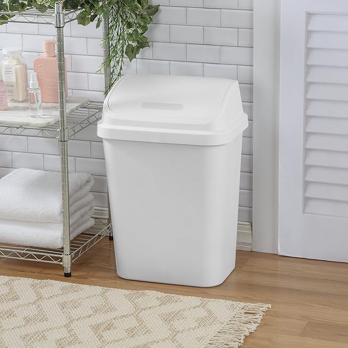 Sterilite 7.8 Gallon SwingTop Wastebasket with Lid Medium Sized Plastic Trash Can for the Kitchen with Swinging Lid White 6-Pack