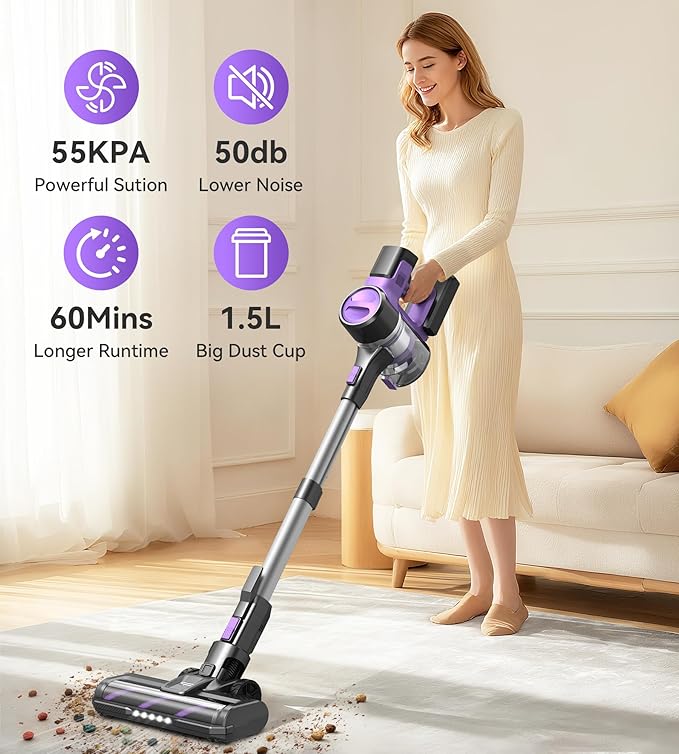 S10 Cordless Vacuum Cleaner 55Kpa 60mins Lightweight Stick Vacuum with Powerful Suction for Home Rechargeable Self-Standing Handheld Vacuum Cleaners for Hardwood Floors Carpets Purple