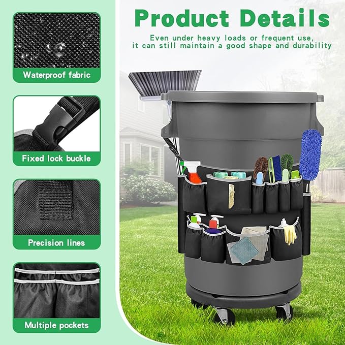 Trash Can Cleaning Tool Bag Trash Can Caddy Bag Multi Pockets Fit 32-55 Gallon Garbage Bin for Cleaning Janitorial Duty