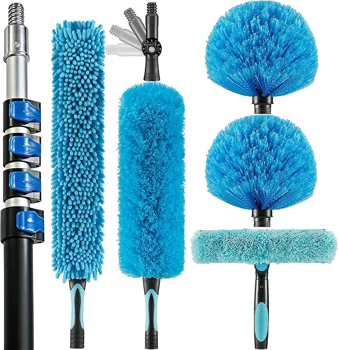 25 Foot High Ceiling Fan Duster with 6-18ft Extension Pole Extendable Reusable Cobweb Feather Window Cleaning Squeegee Kit