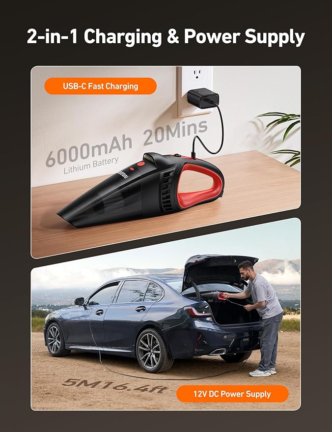 AstroAI Handheld Car Vacuum Cordless with Accessories Portable Vacuum Cleaner with 12V DC Power LED Light Brush Extended Suction Pipe Hose Mini Handheld for Car Home Office and Pet Hair Red