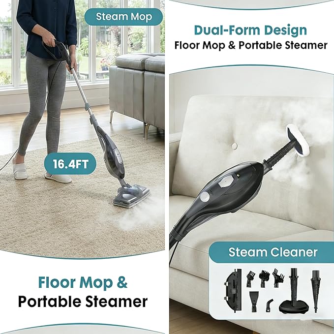 Simple Deluxe 10-in-1 Steam Mop 1550W Detachable Handheld Steam Cleaner with 16FT Cord &amp 2 Pads Multi-Surface Floor Steamer for Hardwood Tile Carpet Windows Grey