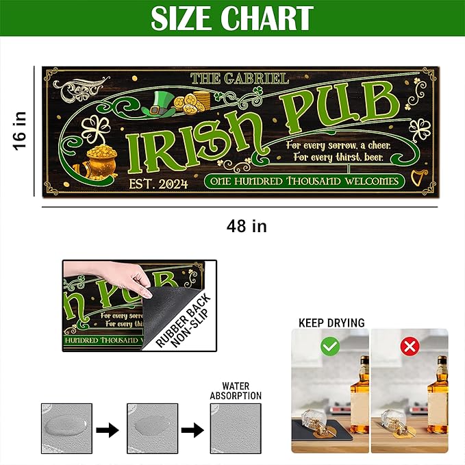 THUYPT Personalized Irish Bar Mat St Patrick's Day Decorations Kitchen Counter Irish Bar Dish Drying Mat Patrick's Lucky Shamrock Quick Drying Spill Mats (05)