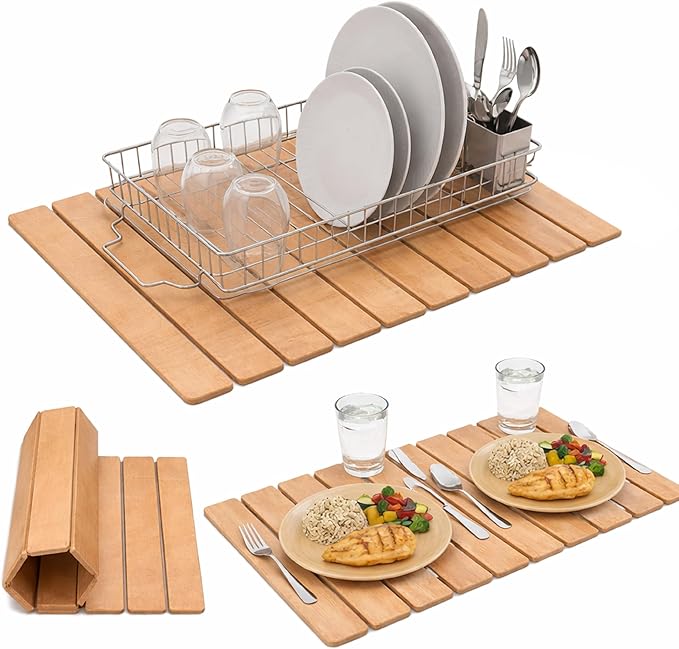 Large Stone Drying Mat 24x16 – Diatomaceous Earth Stone Dish Drying Mat – Foldable Ultra-Absorbent &amp Quick-Drying Countertop Protector for Cups Plates Utensils &amp Cookware - Wood Grain Tex